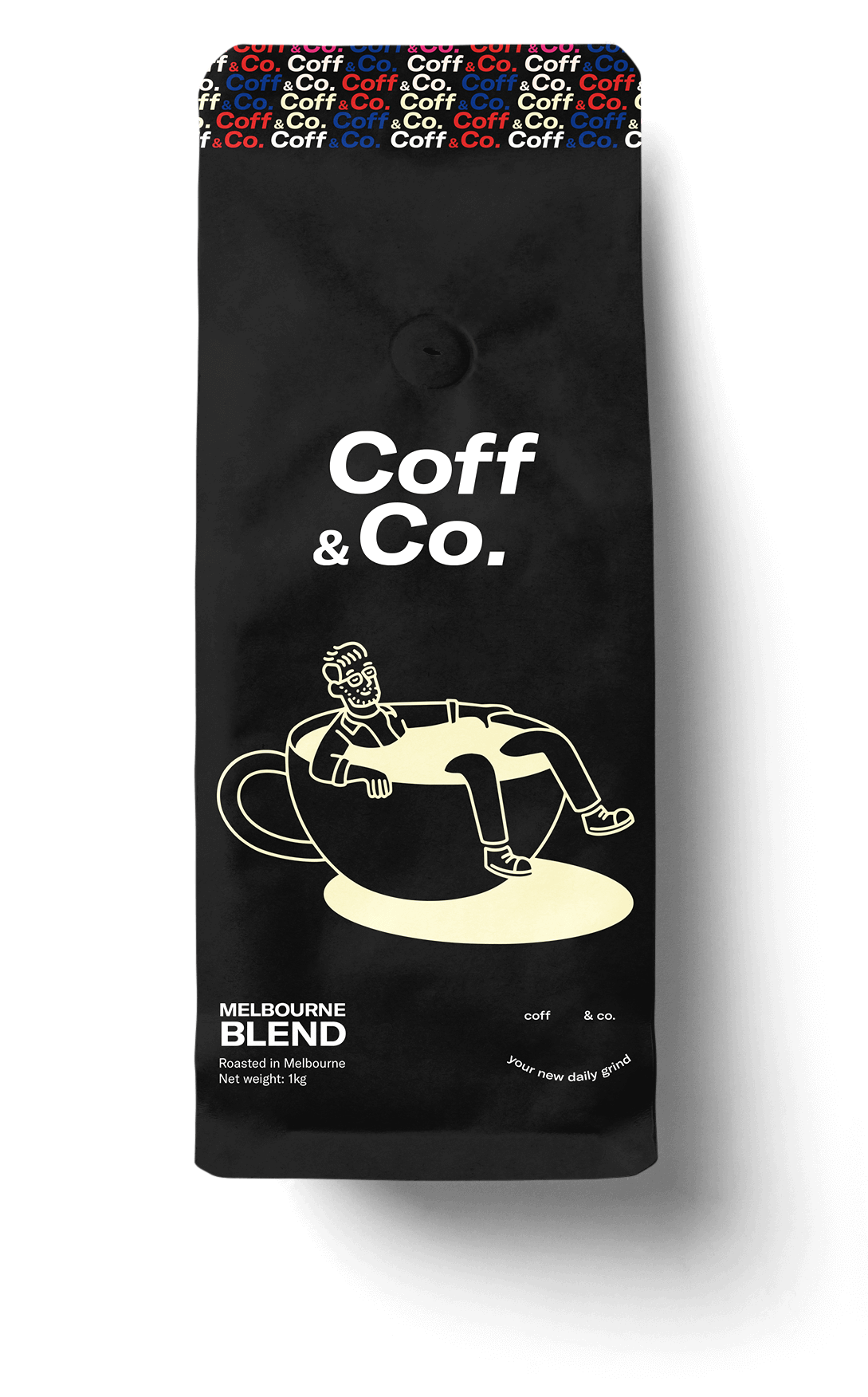 Melbourne Blend 1kg bag, black pack with cream illustration